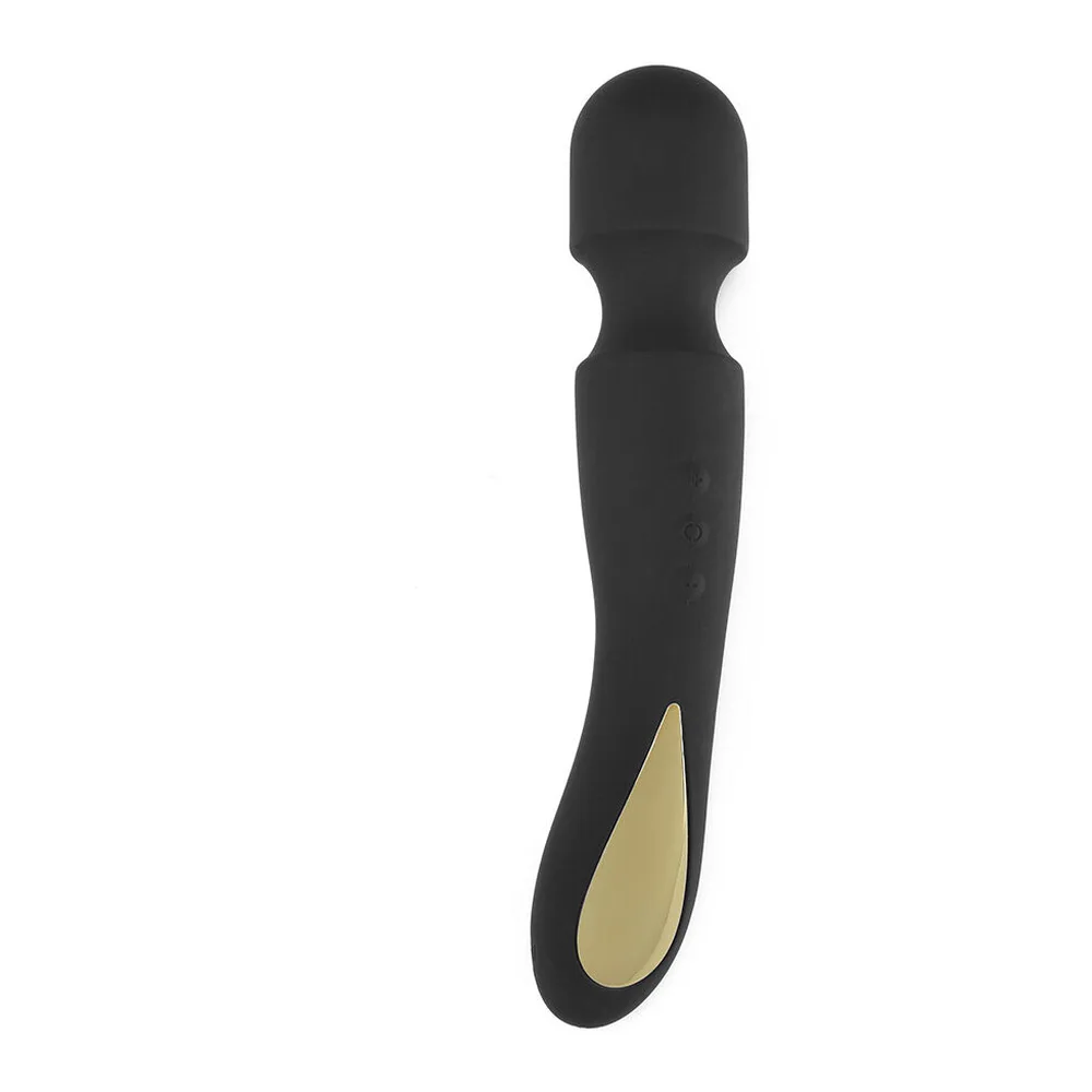 Wand noir en silicone avec tête arrondie, corps texturer de points tactiles et détail doré en bas, sur fond blanc