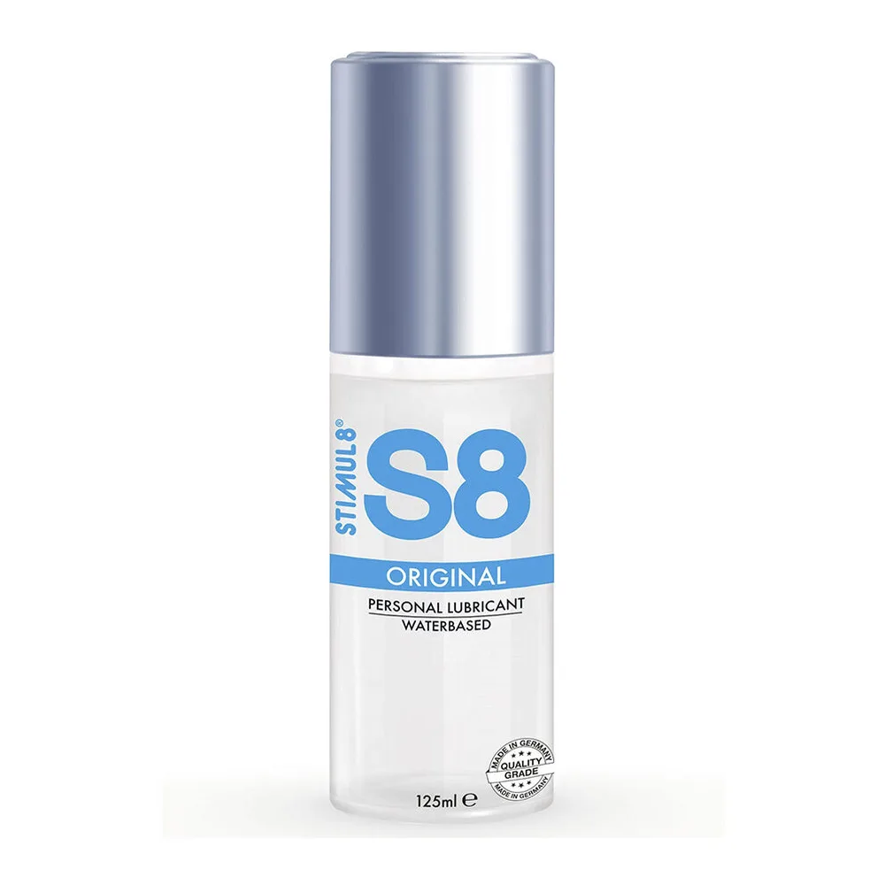 Flacon de lubrifiant S8 Original base d'eau, 125 ml, avec bouchon gris métallisé et étiquette blanche et bleue sur fond blanc