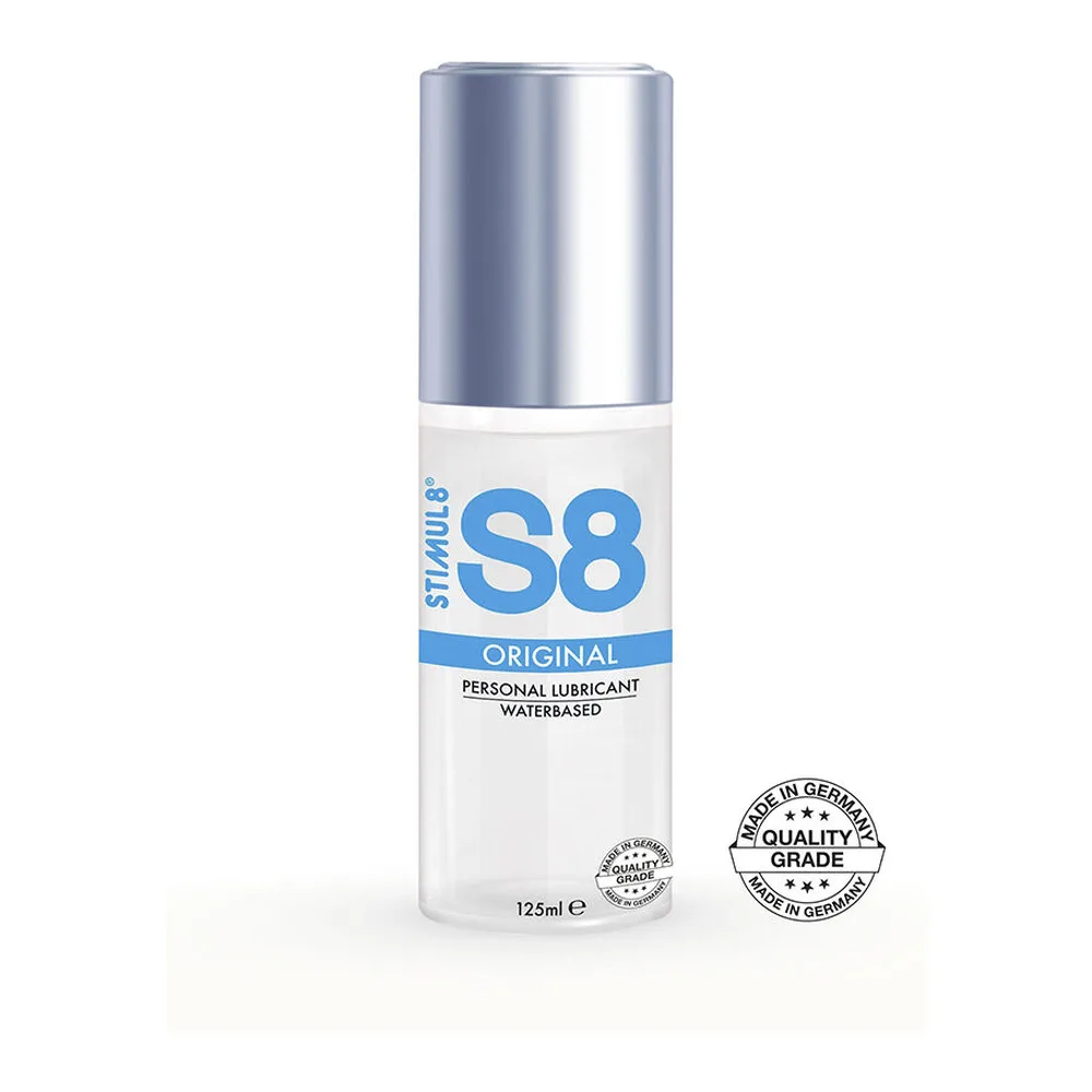 Flacon de lubrifiant S8 Original base d'eau, 125 ml, avec bouchon gris métallisé et étiquette blanche et bleue sur fond blanc