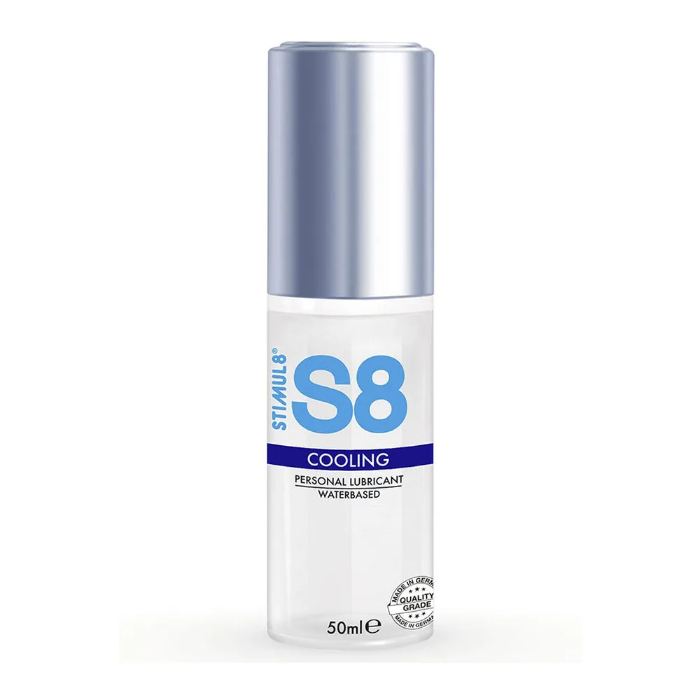 Flacon de lubrifiant S8 Cooling 50 ml, base aqueuse, avec bouchon argenté et étiquette blanche à lisérés bleus indiquant l'effet refroidissant