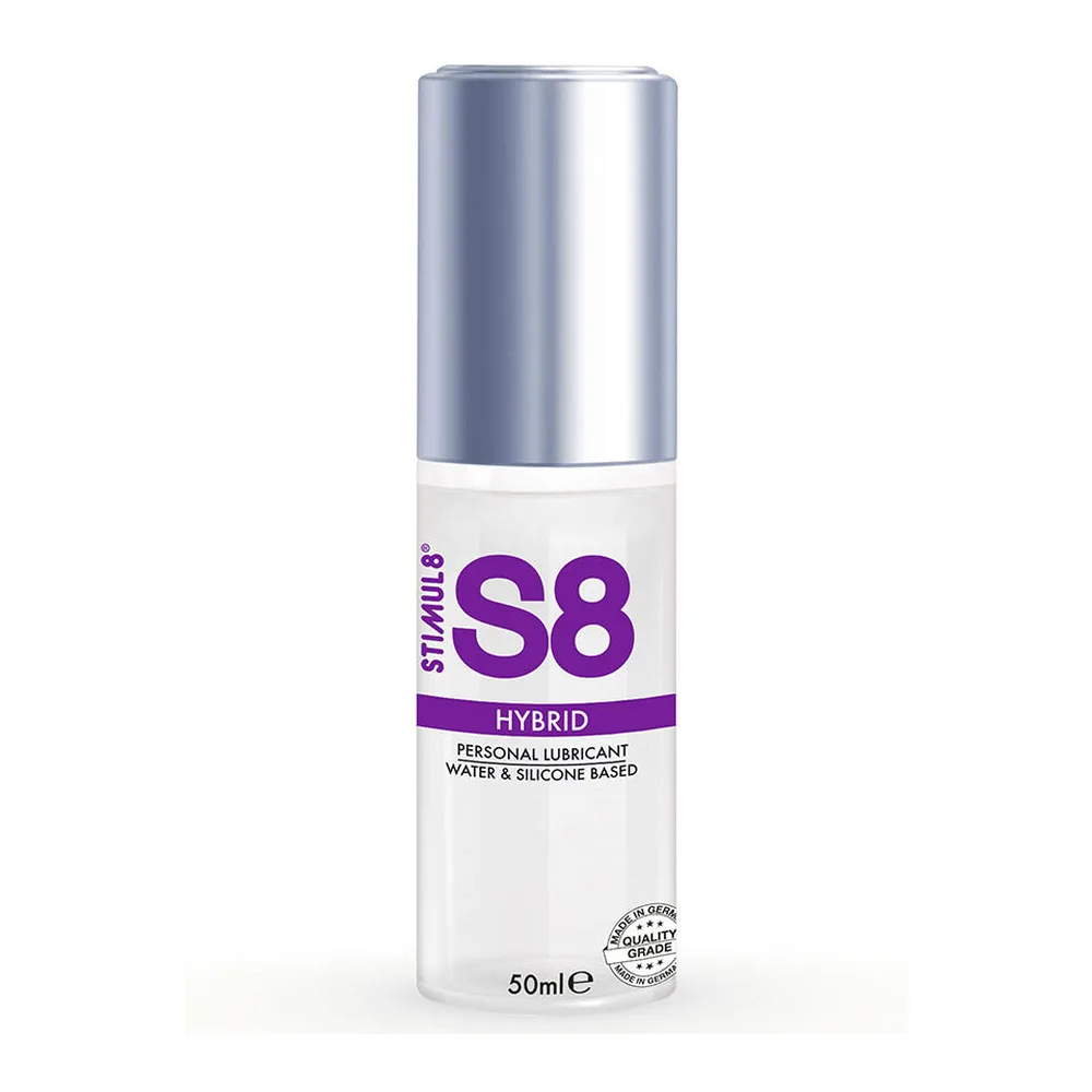 Flacon de lubrifiant S8 Hybrid 50 ml, blanc et violet, capot argenté, étiquette indiquant lubrifiant personnel hybride à base eau et silicone