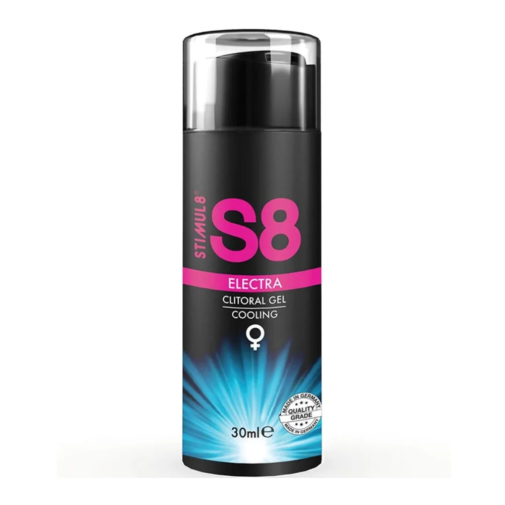 Flacon noir de 30 ml de gel stimulant clitoridien S8 Electra avec bande rose fuchsia, étiquette blanche et bleu, présenté sur fond blanc