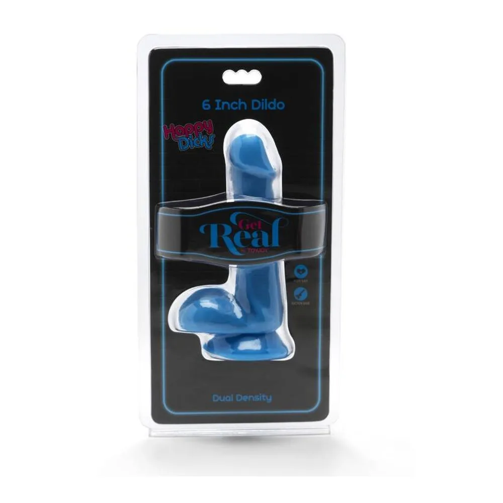 Gode en silicone bleu ciel avec base anatomique arrondie, testicules proéminents et ventouse de fixation sur fond blanc