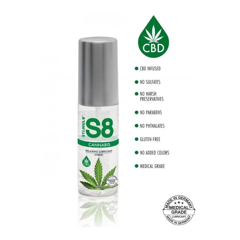 Flacon de lubrifiant hybride S8 Cannabis au format 50 ml, avec capuchon gris, étiquette blanche et verte affichant le logo S8 et une feuille de cannabis, sur fond blanc
