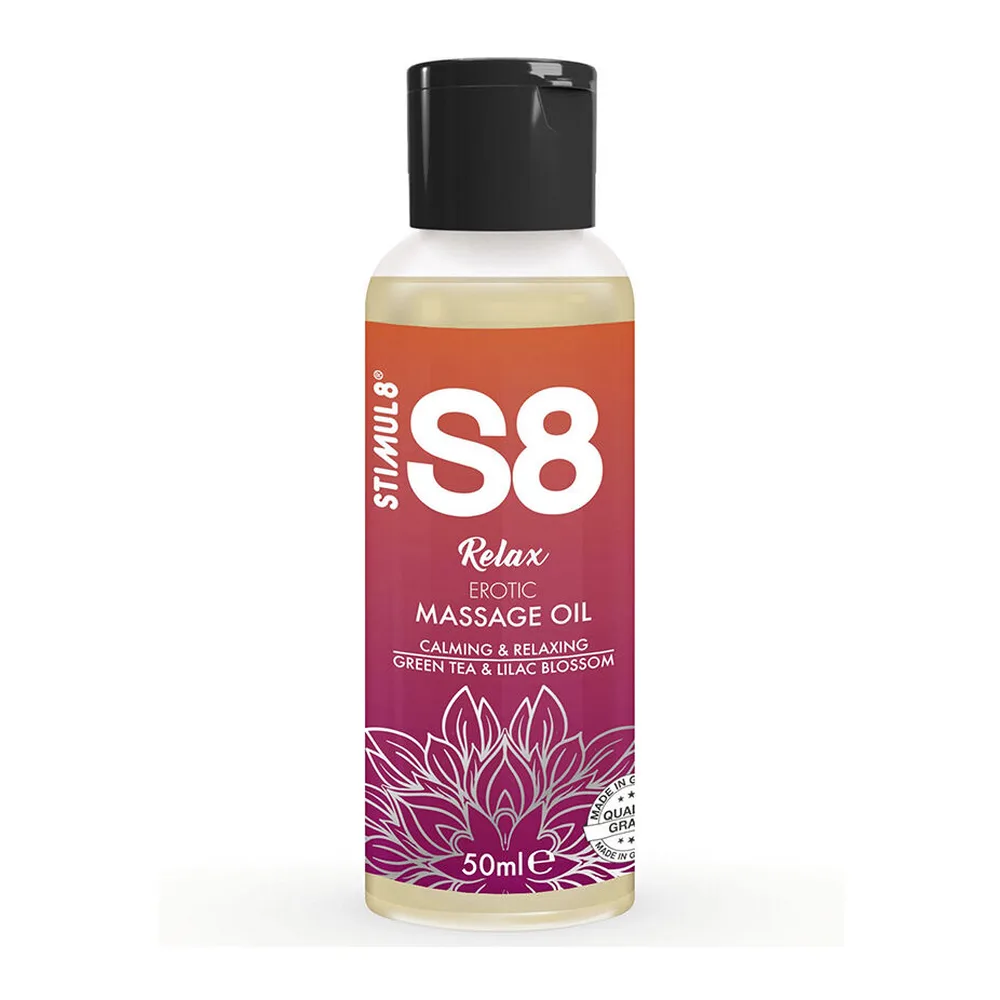 Flacon de 50 ml d'huile de massage S8 Relax aux tons rose et orange, avec étiquette illustrée de motif floral, bouchon noir et contenu translucide jaune pâle