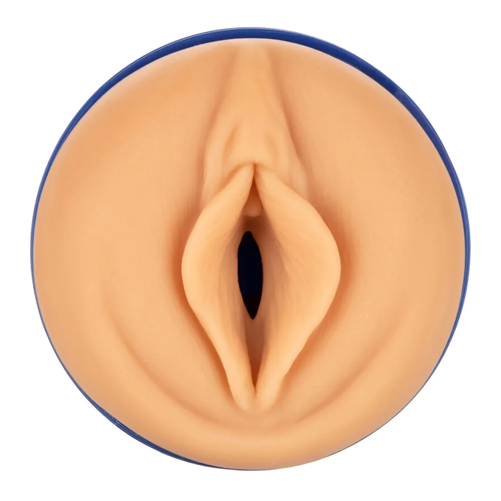 Masturbateur bleu marine avec capuchon beige, tête texturée de points en relief, corps strié, accompagné de son capuchon de rangement bleu assorti