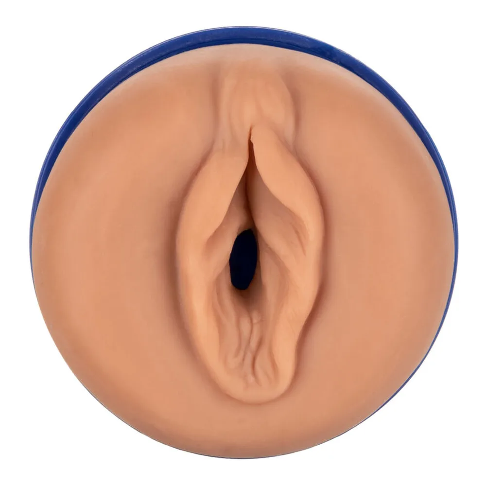 Masturbateur bleu en silicone avec rainures texturées, embout cylindrique fermé par un capuchon amovible, marquage gravé sur le côté