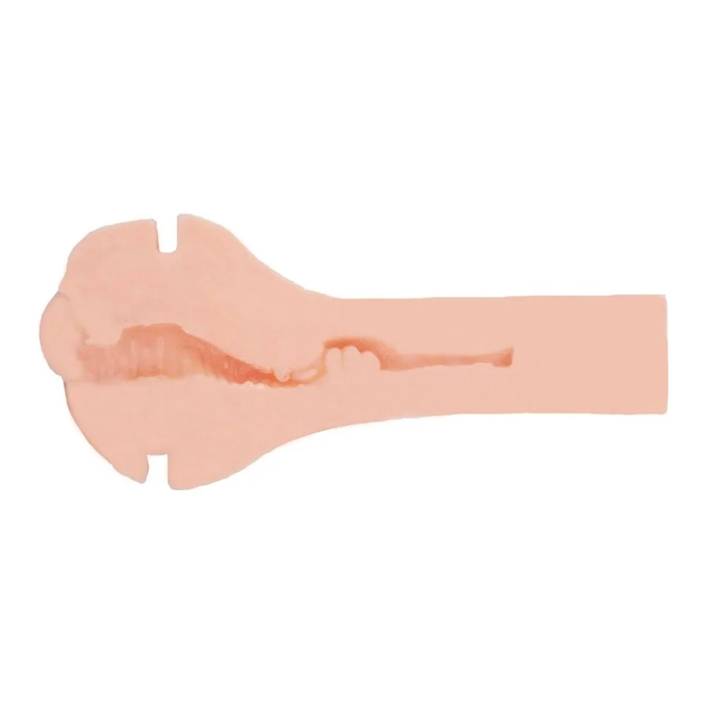 Masturbateur compact en silicone beige clair avec entrée anale texturée, étui rigide blanc de rangement avec découpes de maintien