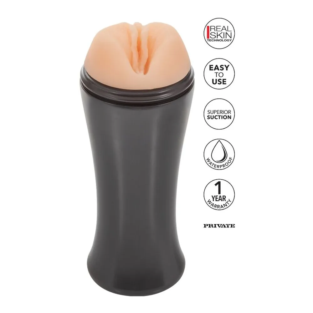 Masturbateur compact en silicone beige clair avec entrée anale texturée, étui rigide blanc de rangement avec découpes de maintien