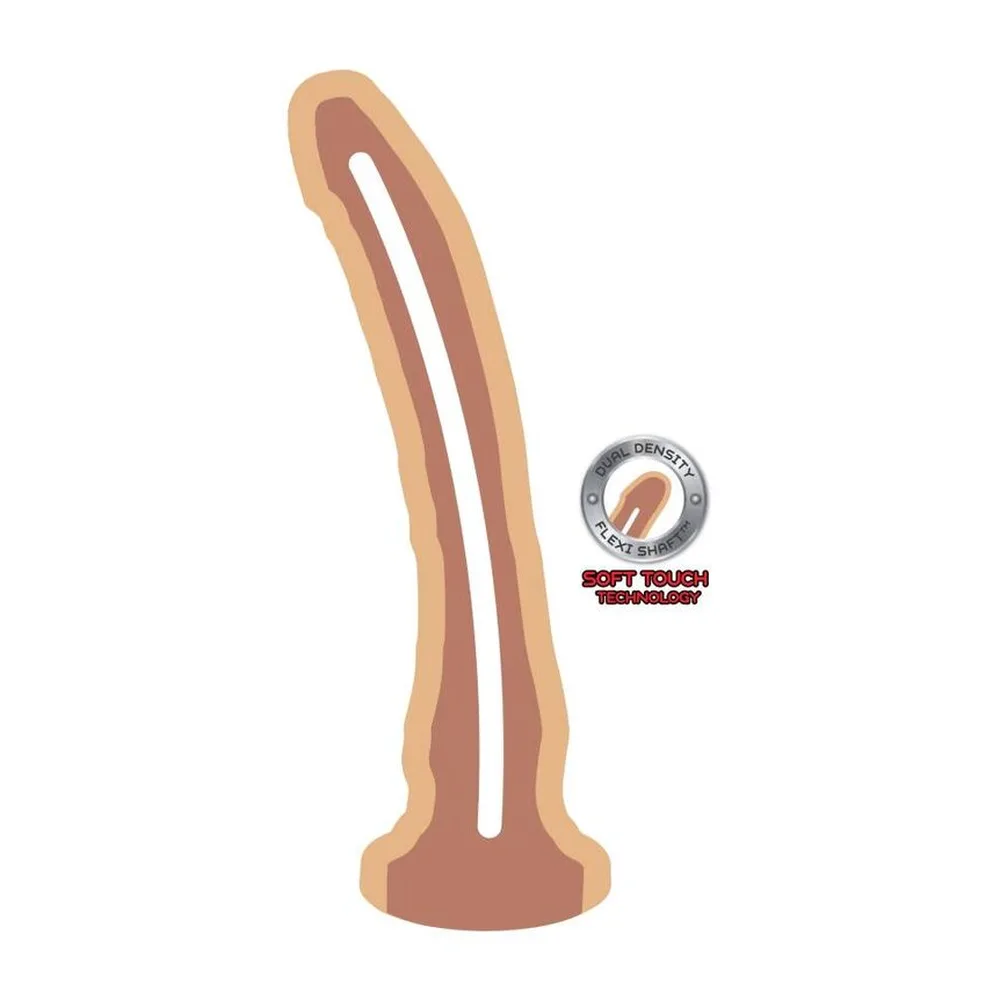 Gode réaliste en silicone beige chair, légèrement incurvé, avec base de maintien circulaire et étiquette indiquant la technologie Double Densité