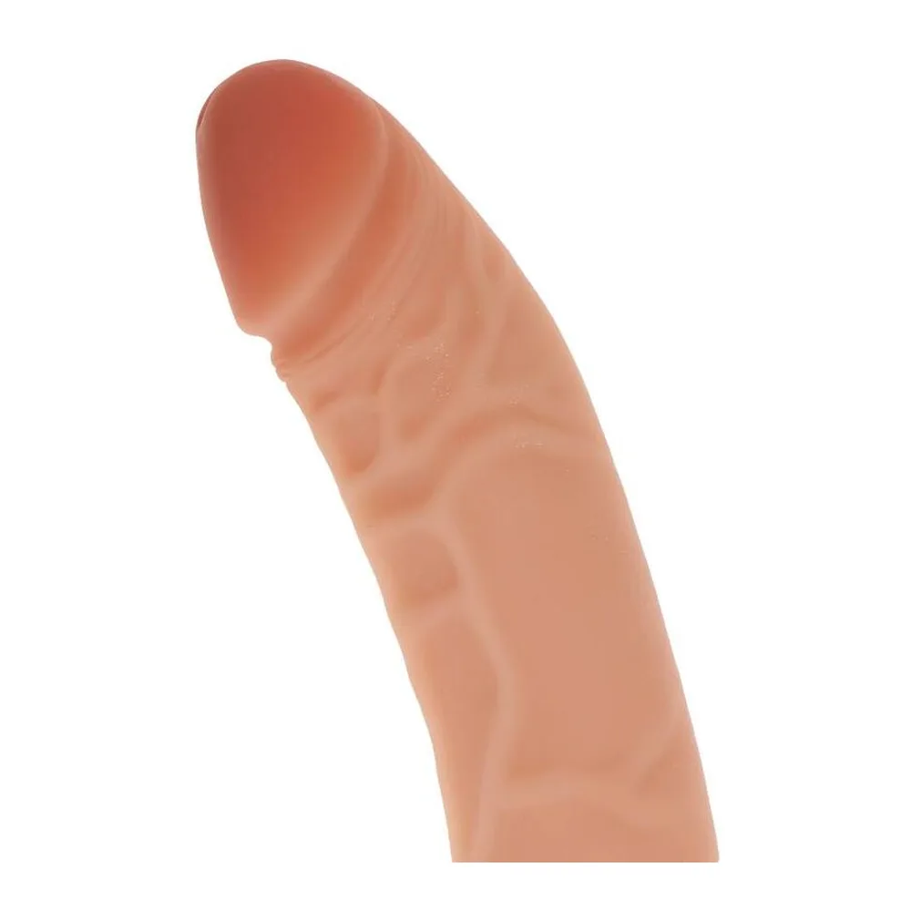 Gode en silicone beige clair, galbé et veiné, avec une base ventouse plate, accompagné d'un badge de garantie 100% silicone