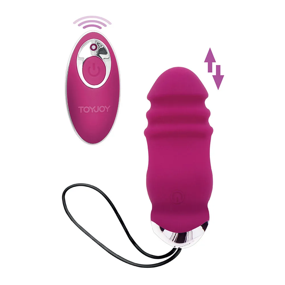Vibrateur œuf fuschia avec télécommande sans fil assortie, silhouette nervurée, cordon noir de retrait, symboles de mouvements ascendants et descendants