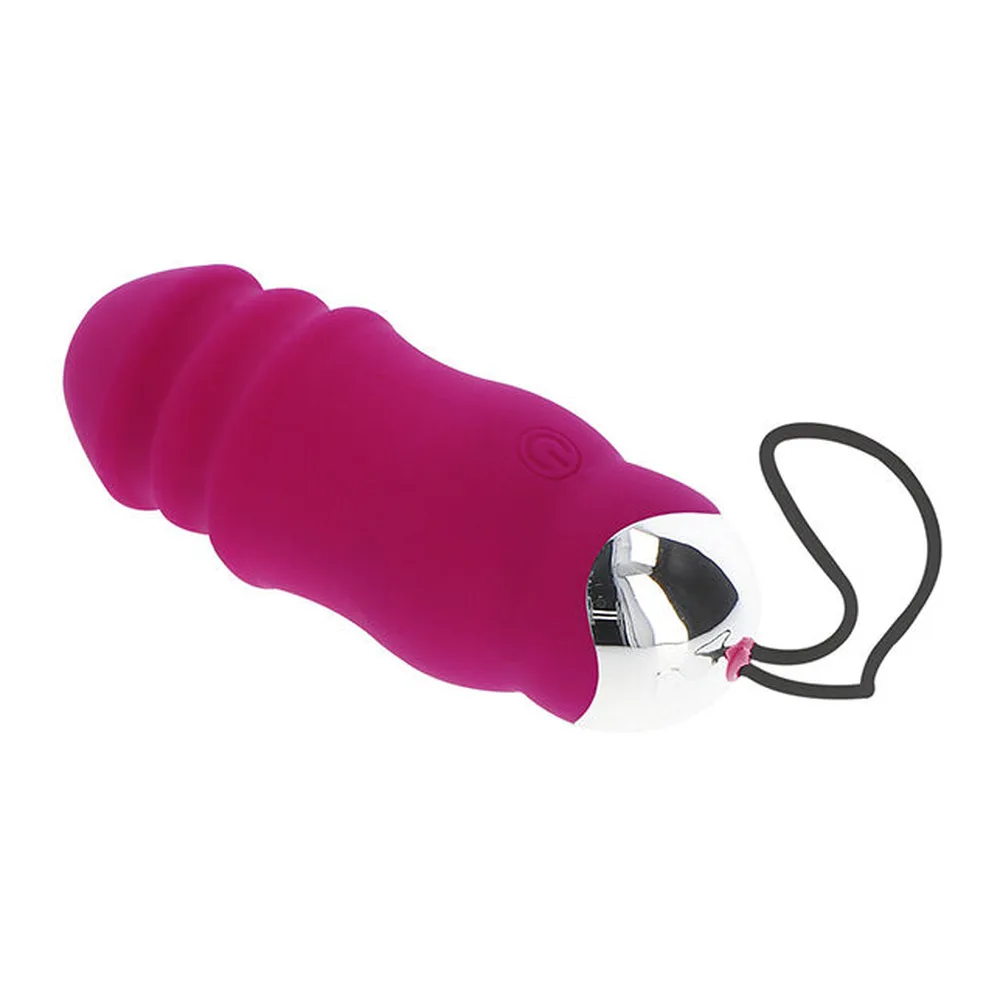 Vibrateur œuf fuschia avec télécommande sans fil assortie, silhouette nervurée, cordon noir de retrait, symboles de mouvements ascendants et descendants