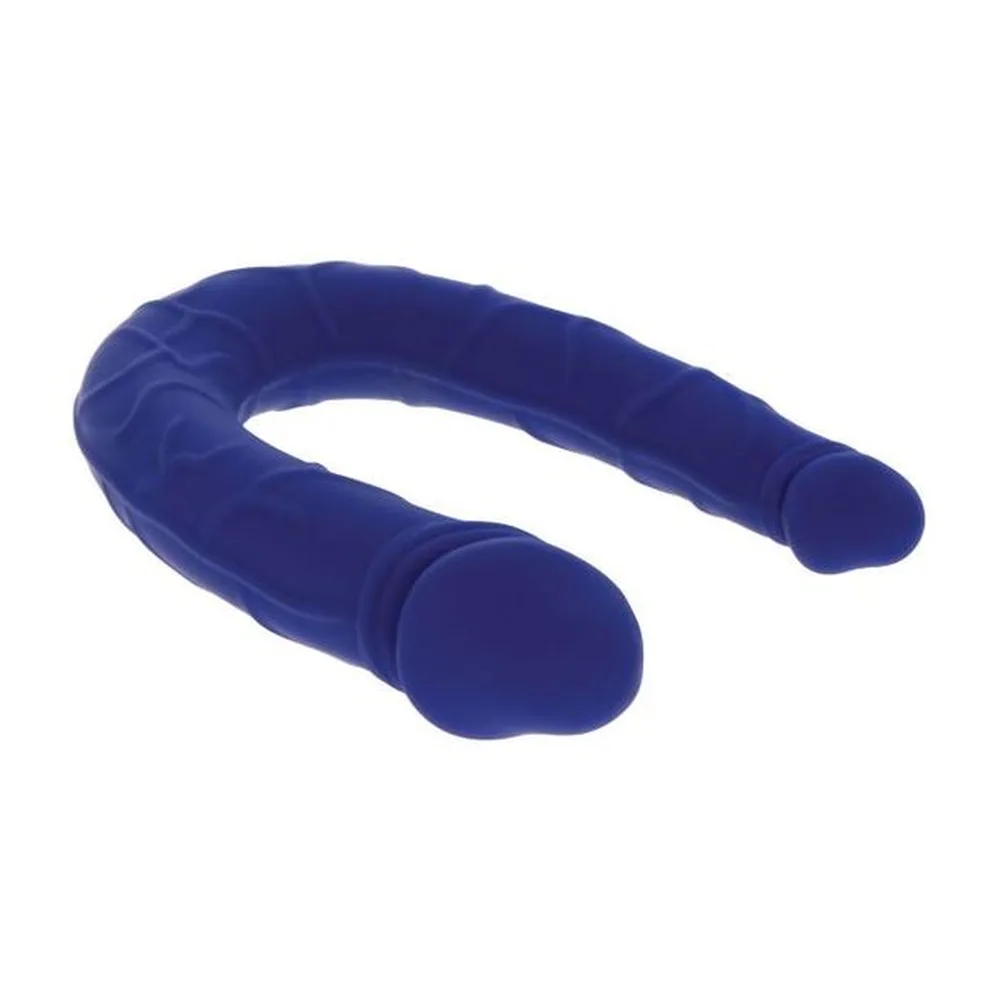 Double gode en silicone bleu marine avec deux extrémités arrondies, courbé en fer à cheval, présentant une texture de veines réalistes sur toute la surface