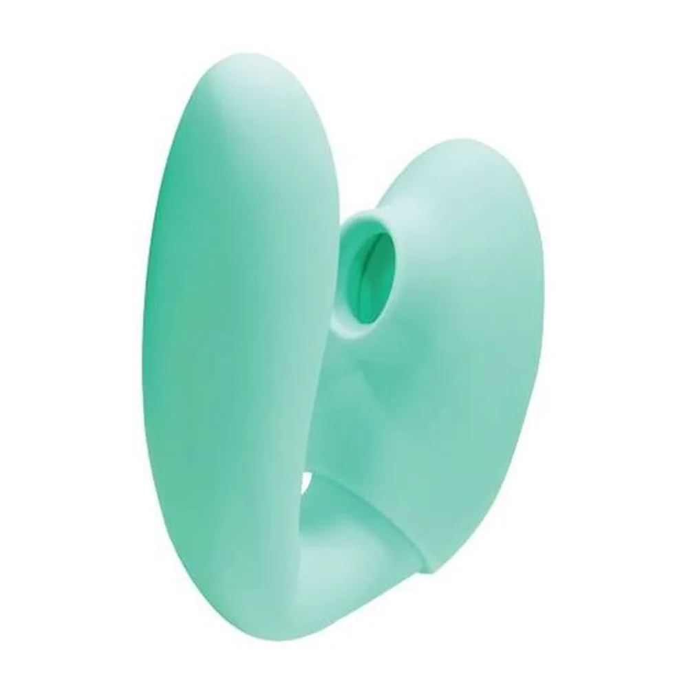 Stimulateur clitoridien en silicone turquoise, forme en U avec extrémité arrondie, conçu pour être porté, sur fond blanc