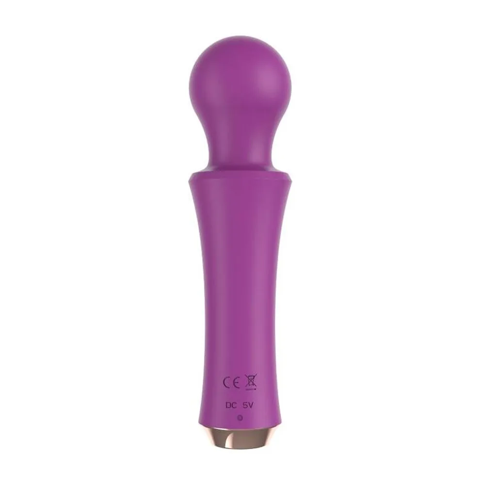 Baguette massante en silicone violet avec tête arrondie et poignée cylindrique, marquages CE et spécifications électriques visibles, fond blanc
