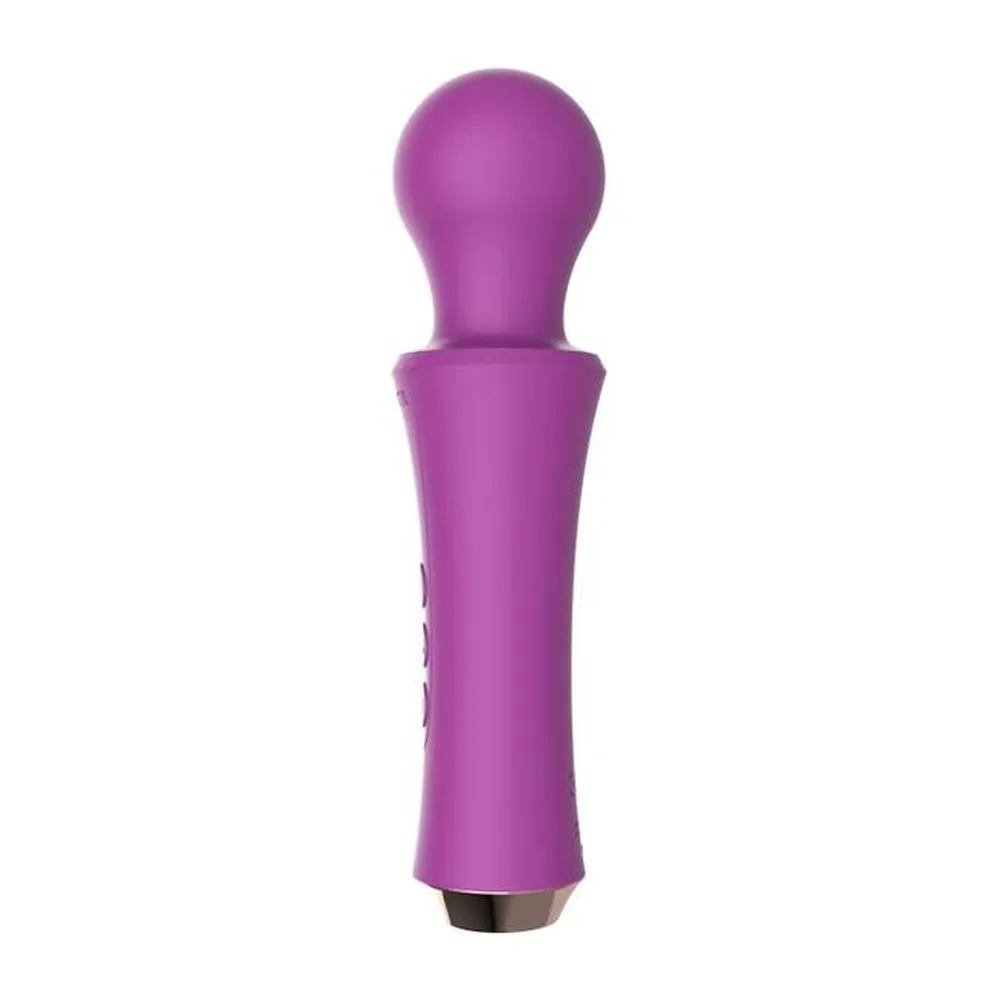 Baguette massante en silicone violet avec tête arrondie et poignée cylindrique, marquages CE et spécifications électriques visibles, fond blanc