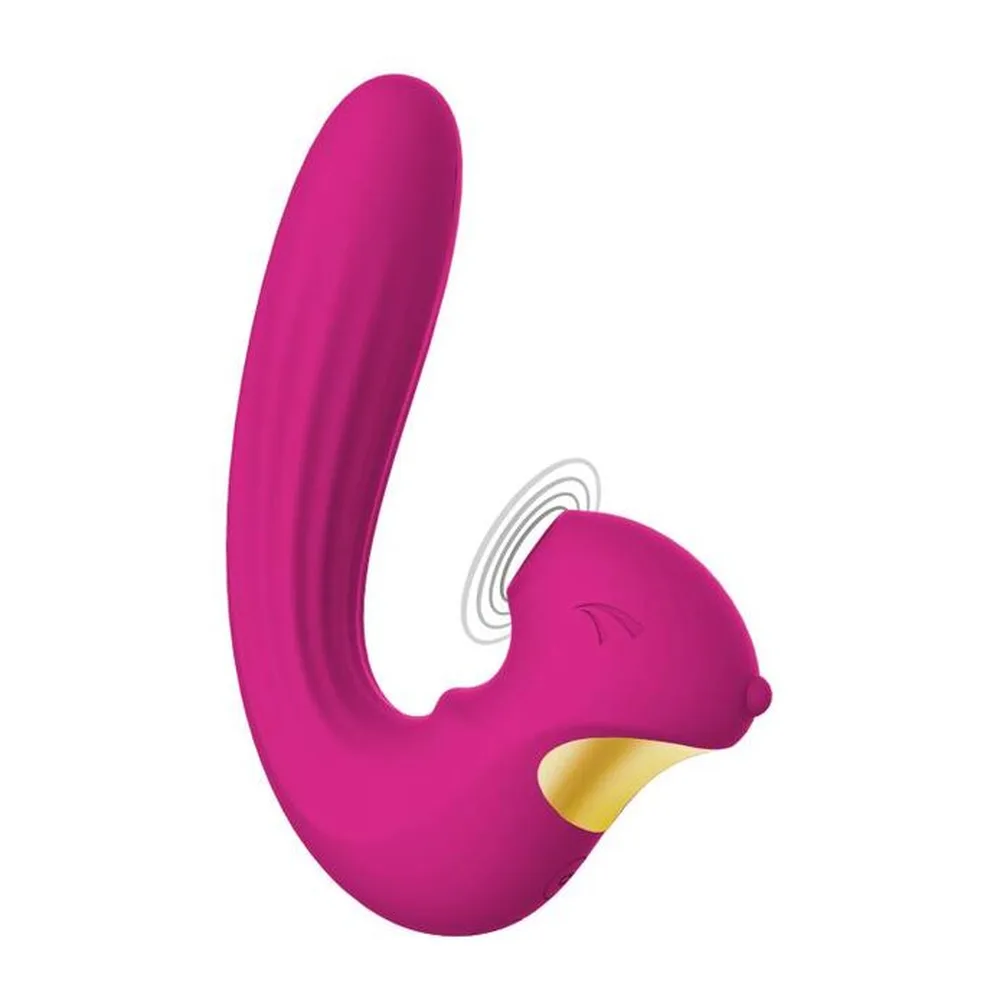 Stimulateur clitoridien en silicone rose fuchsia, design courbe avec branche de stimulation clitoridienne et accumulateur doré, symbole de vibration gris sur le côté, fond blanc