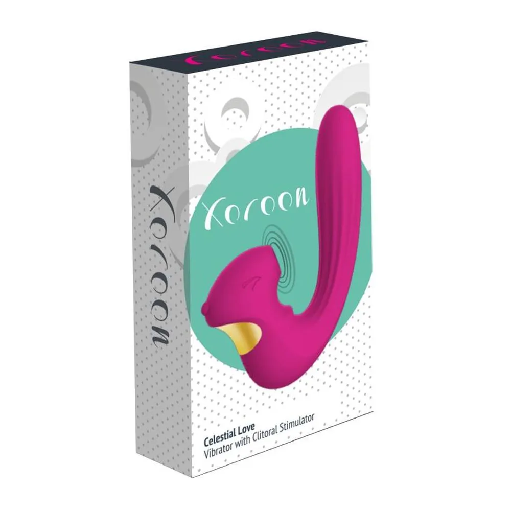Stimulateur clitoridien en silicone rose fuchsia, design courbe avec branche de stimulation clitoridienne et accumulateur doré, symbole de vibration gris sur le côté, fond blanc