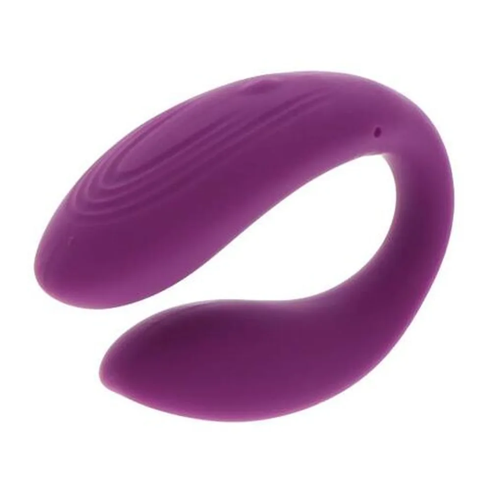 Vibromasseur Bound Love de forme ergonomique en silicone violet, composé d'un corps ovale et d'une branche arquée, sur fond blanc