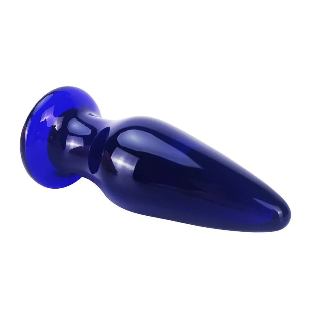 Plug vibrant en verre bleu cobalt et noir, forme conique lisse avec base aplatie, sur fond blanc