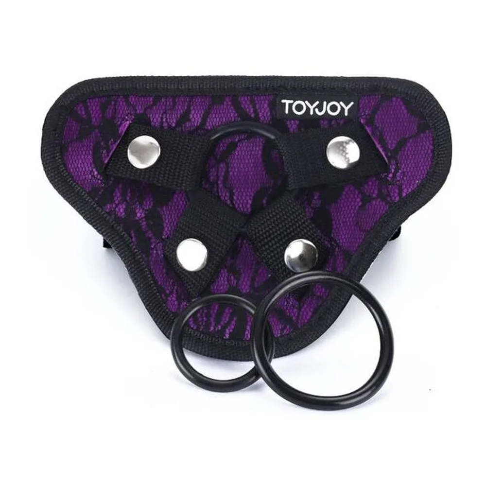 Harnais strap-on noir, dentelle violette, ajustable, autre vue 4