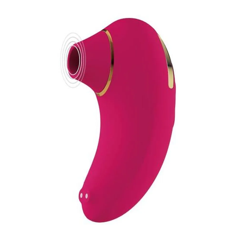 Stimulateur clitoridien en silicone rose fuchsia avec embout de succion, bandes dorées et commandes blanches sur fond blanc