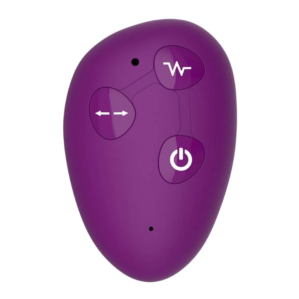 Illustration schématique d'un vibromasseur double face en silicone violet, avec deux embouts courbes et des détails de texturation, sur fond lilas