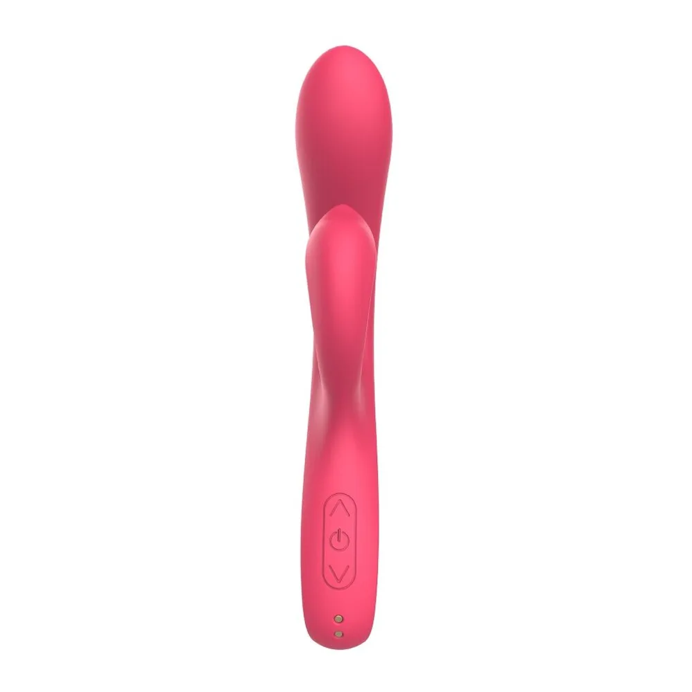 Vibromasseur rose vif en silicone, forme ergonomique avec branche supérieure pointue et inférieure courbe, poignée ovale, fond blanc