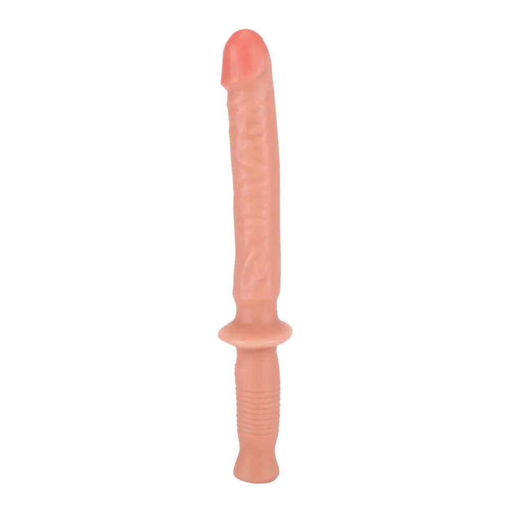 Gode réaliste rose pêche avec tige veinée et gland bombé, monté sur poignée nervurée et base épaulée, présenté de face sur fond blanc