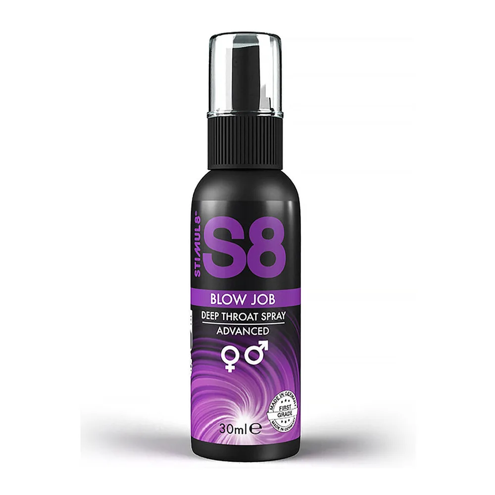 Flacon pulvérisateur de 30 ml noir et violet avec étiquette S8 Blow Job Deep Throat Spray Advanced, pompe spray transparente, fond blanc