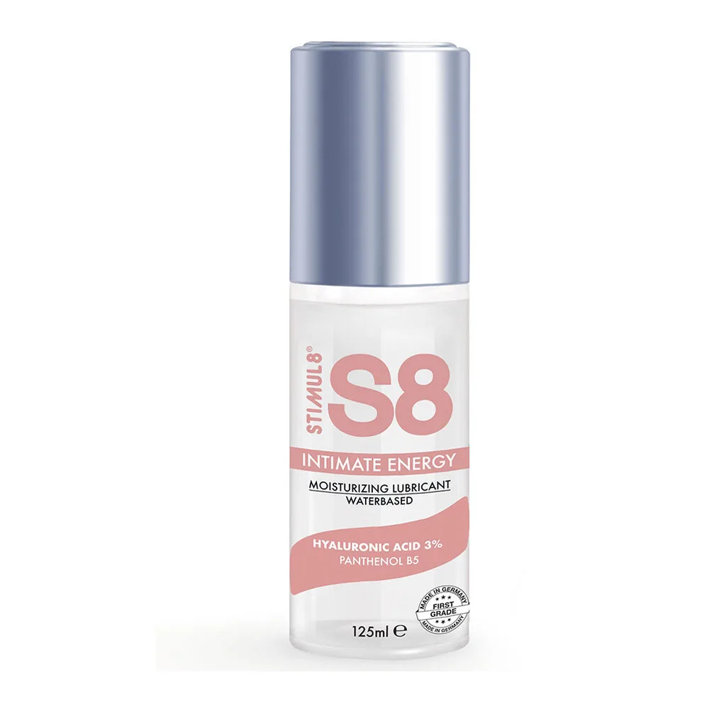 Flacon de lubrifiant S8 Intimate Energy 125 ml, blanc et rose, avec bouchon argenté, affichant les mentions « acide hyaluronique 3% » et « panthénol B5 »
