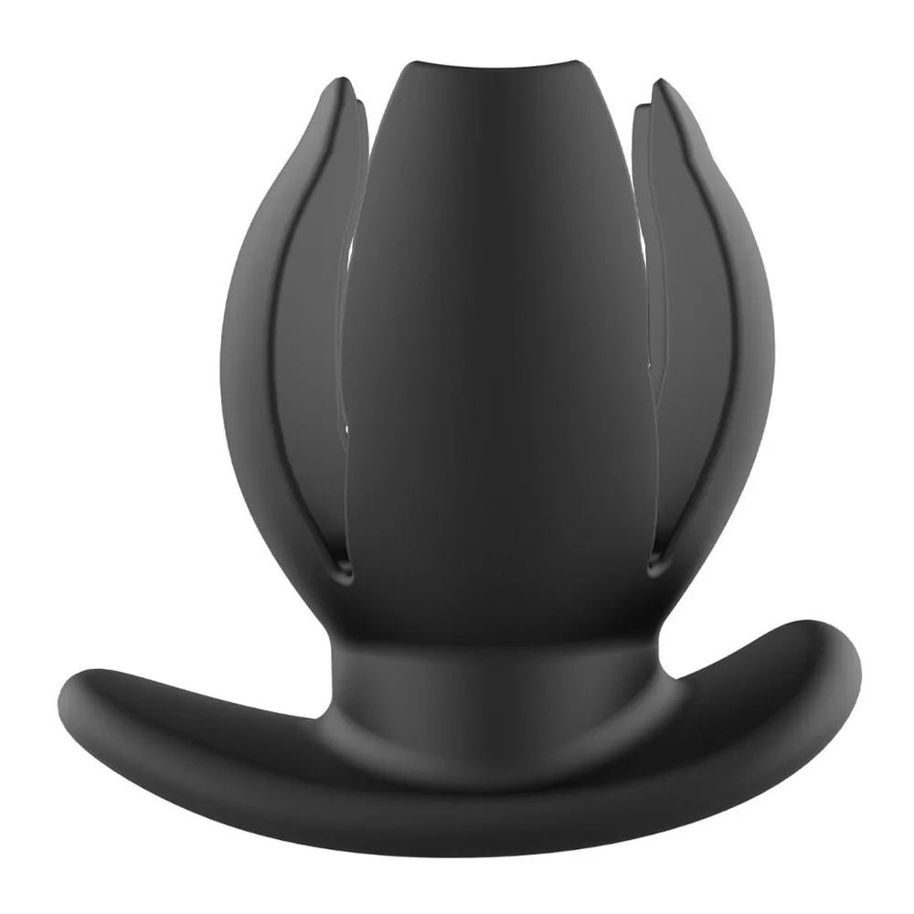 Plug anal noir en silicone avec structure tulipe, quatre pétales repliés vers le haut et base épaisse arrondie, vue de face sur fond blanc