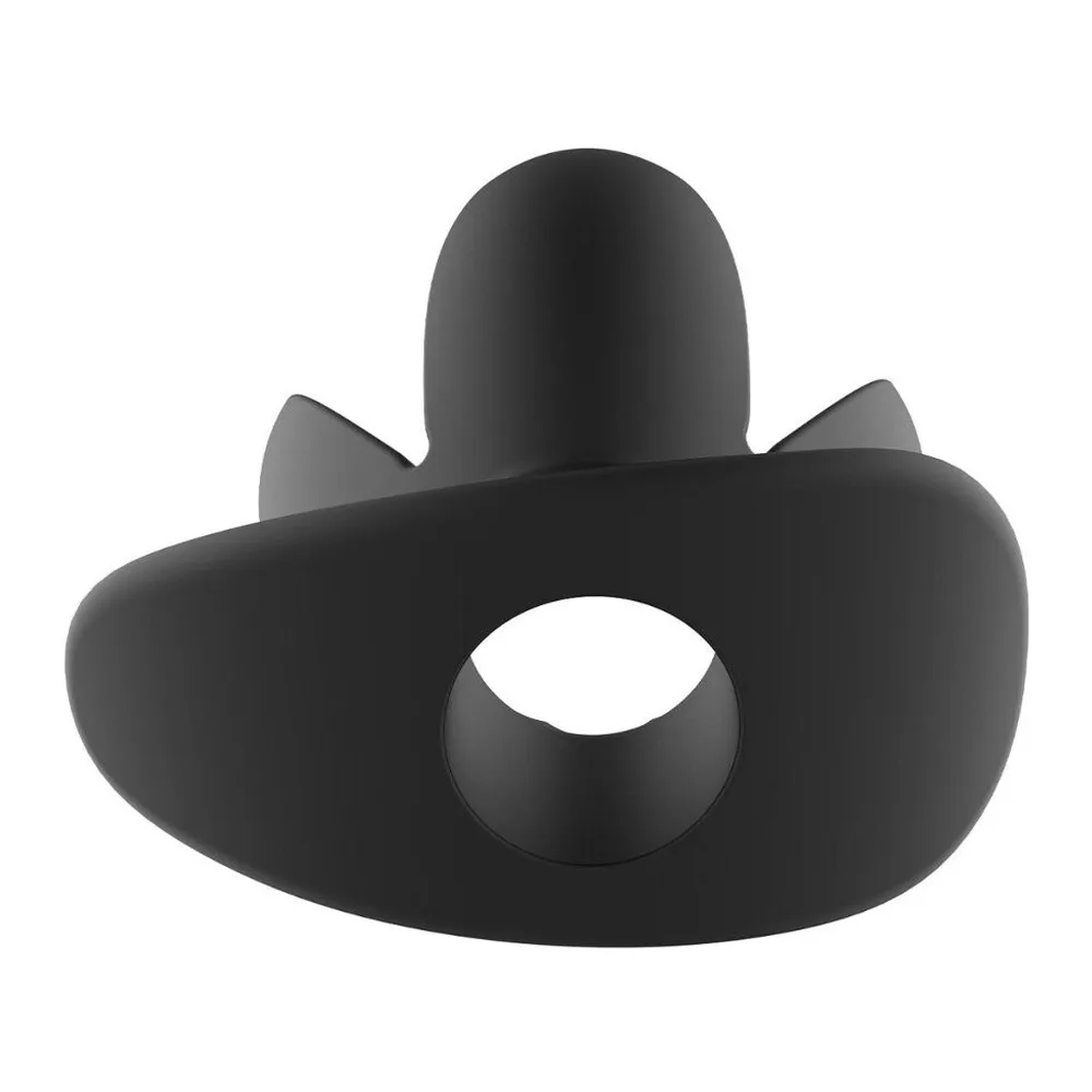 Plug anal noir en silicone avec structure tulipe, quatre pétales repliés vers le haut et base épaisse arrondie, vue de face sur fond blanc
