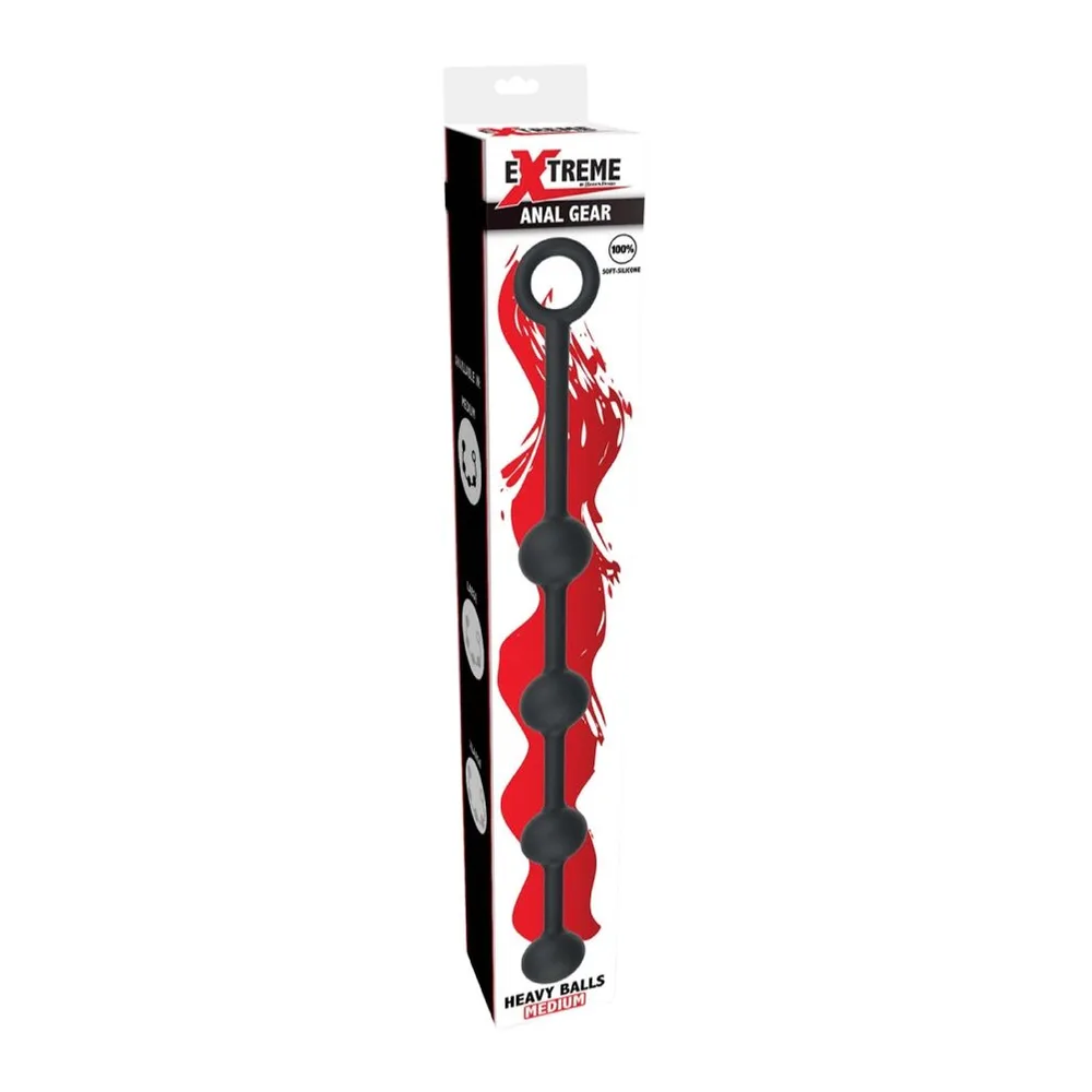 Emballage blanc, noir et rouge de perles anales lourdes en silicone rouge et noir, avec anneau de maintien à bille unique, présenté de face