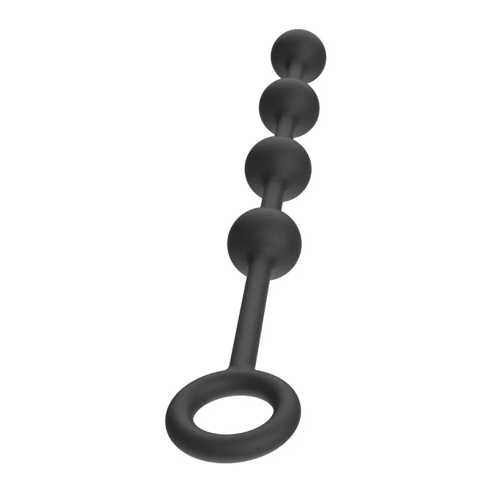 Emballage blanc, noir et rouge de perles anales lourdes en silicone rouge et noir, avec anneau de maintien à bille unique, présenté de face