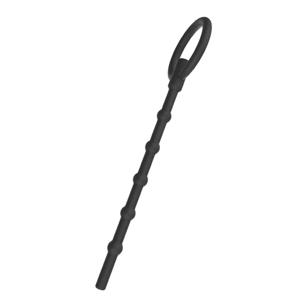 Plug pénien en silicone noir avec anneau de retenue circulaire et boule de maintien, sur fond blanc
