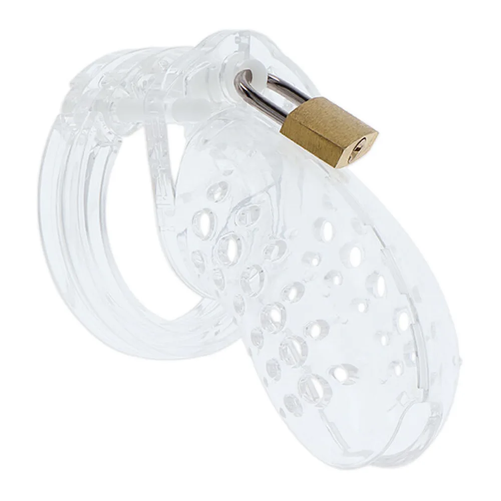 Cage de chasteté en acrylique transparent avec anneau de base rainuré et capuchon fendu ajouré, fond blanc