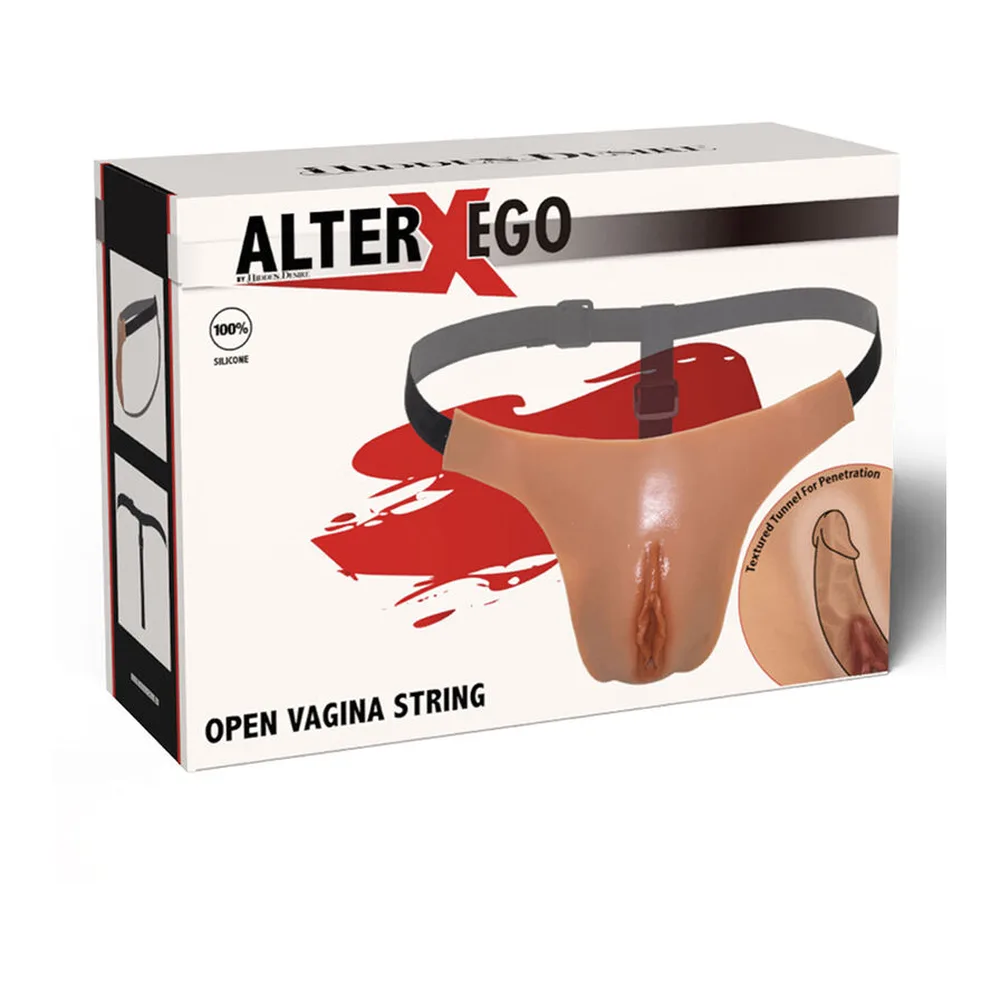 Emballage du string en silicone Alter Ego avec vagin ouvert, coloris chair, bretelles noires ajustables et illustrations du produit