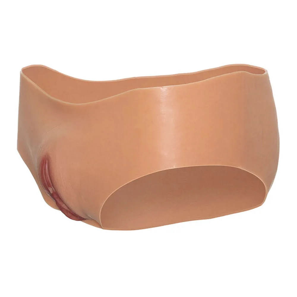 Culotte Alter Ego en silicone beige chair, forme ergonomique avec vagin ouvert et tunnel texturé intérieur, orifice de miction visible, fond blanc