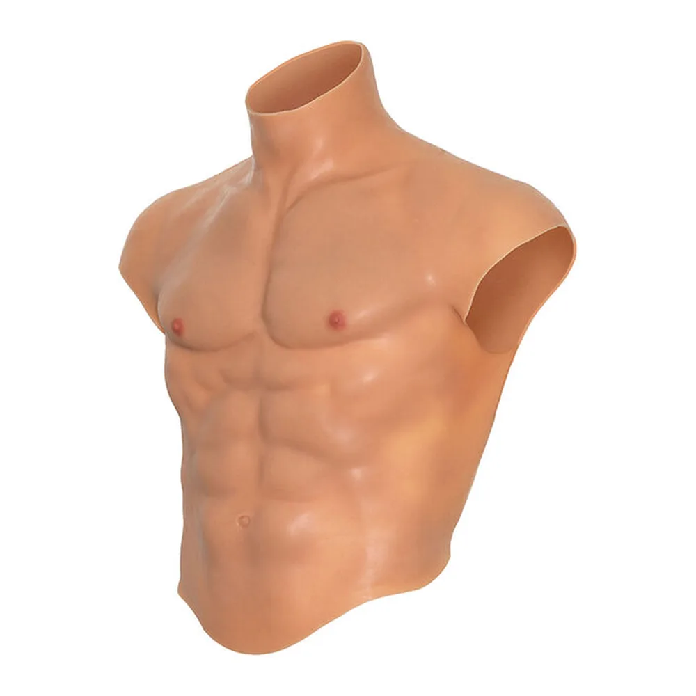 Torse masculin en silicone chair avec abdominaux et tétons en relief, ouverture au col pour l'enfiler, fond blanc