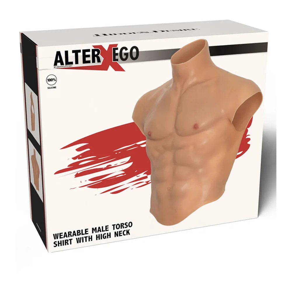 Torse masculin en silicone chair avec abdominaux et tétons en relief, ouverture au col pour l'enfiler, fond blanc
