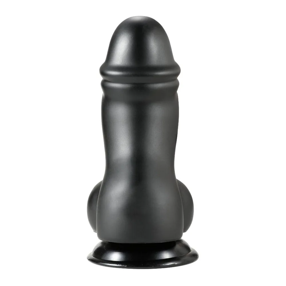 Godemichet noir en vinyle, forme épaisse et arrondie avec base ventouse plate, sur fond blanc