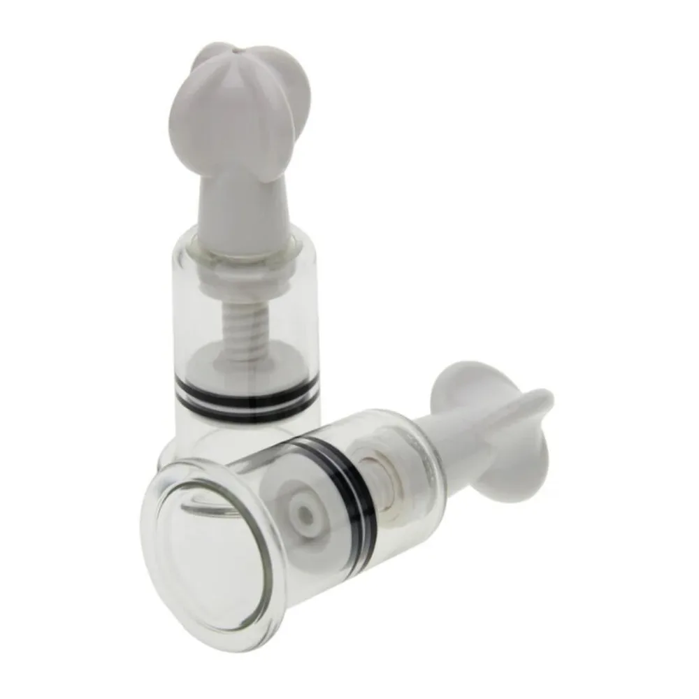 Deux stimulateurs clitoridiens à ventouse avec piston manuel, en silicone blanc translucide et transparent, à tête bombée et anneau de serrage noir