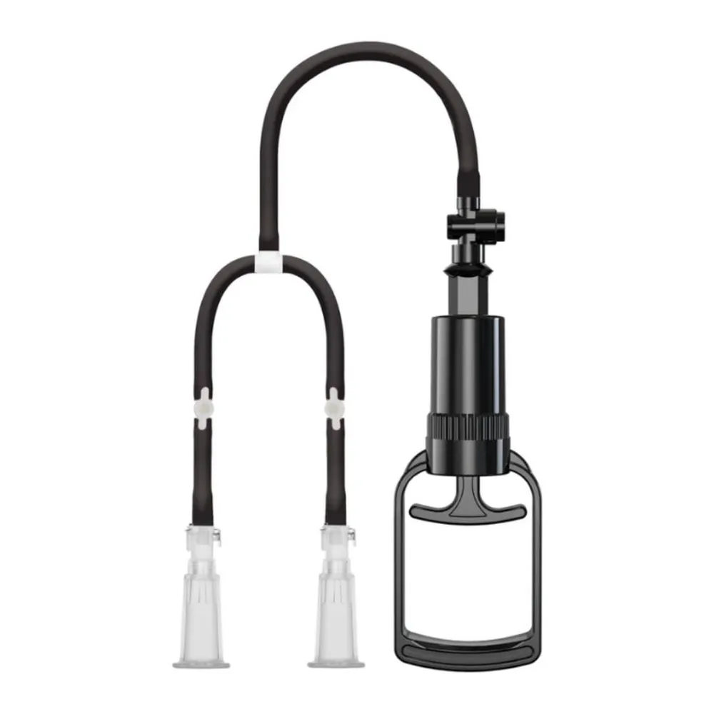 Schéma technique montrant deux ventouses de tailles différentes (27 cm et 28 cm de hauteur) reliées à une pompe manuelle (20 cm), avec dimensions détaillées et base de 3 cm