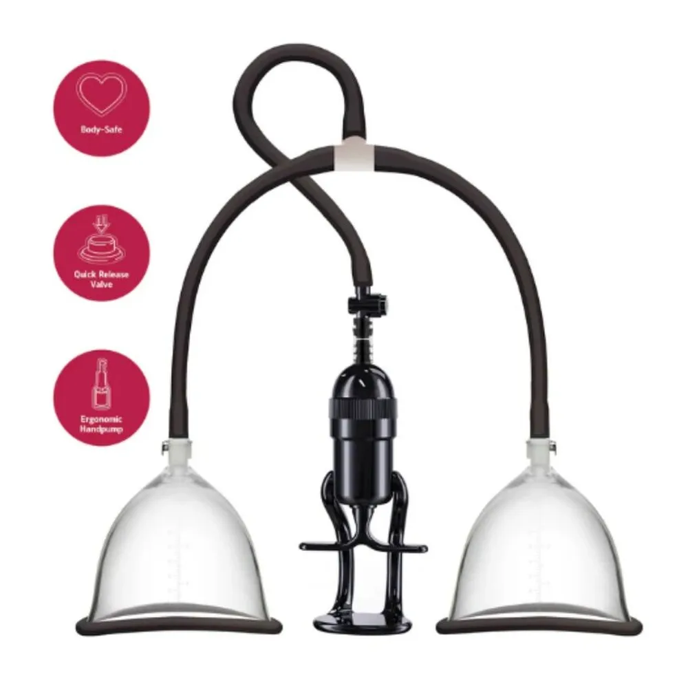 Schéma technique d'une pompe à vide manuelle avec deux bonnets en silicone transparent de 9 cm, reliés par des tubes à une pompe centrale de 22 cm, avec boucle de suspension