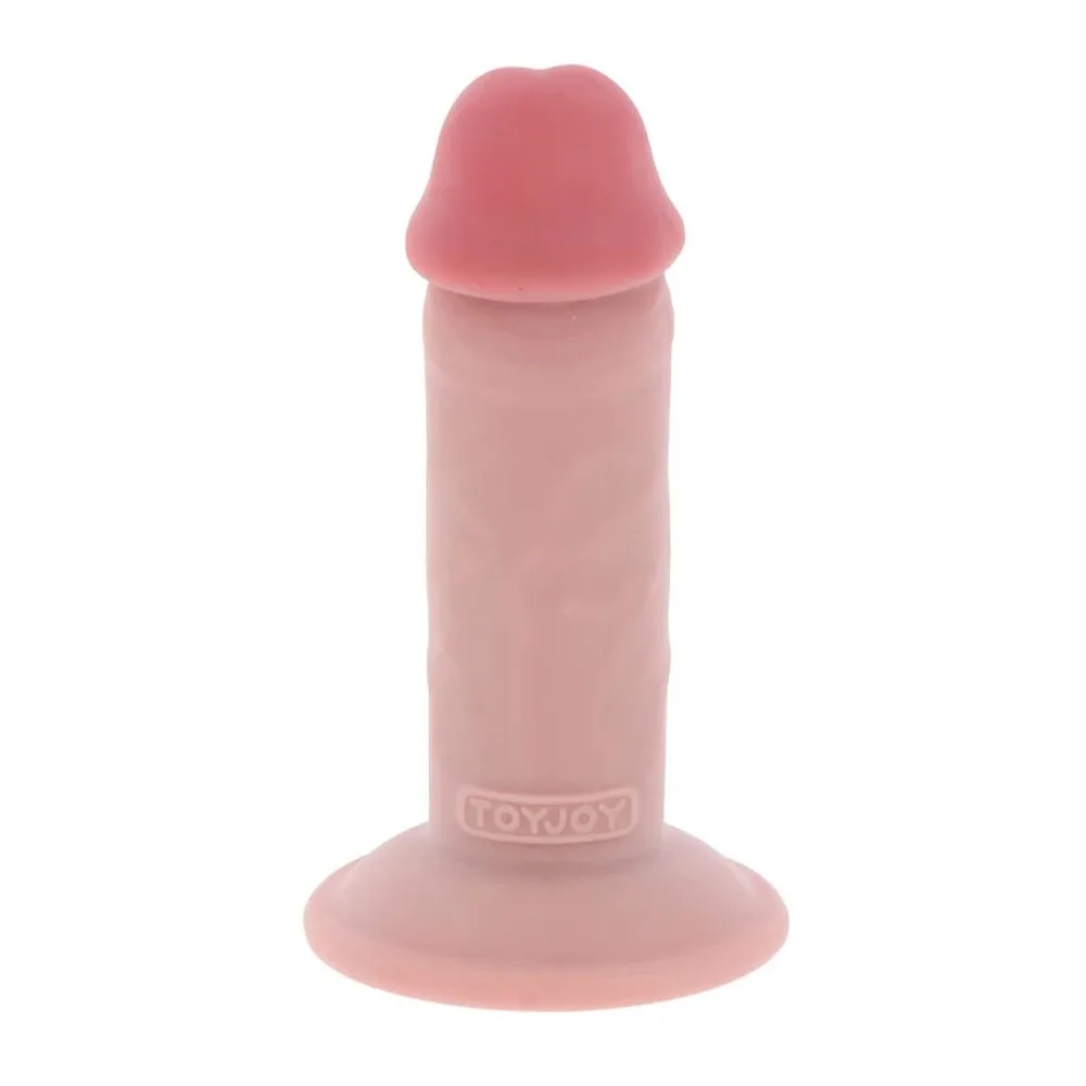Gode réaliste en silicone rose pâle, corps épais et droit surmonté d'un gland rose plus foncé, base plate circulaire de maintien
