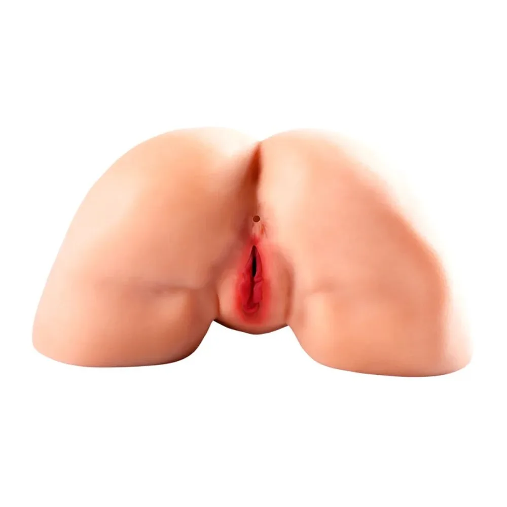 Masturbateur féminin en silicone chair avec détails anatomiques, orifice d'entrée visible, bouton de contrôle rouge foncé sur le côté, fond blanc
