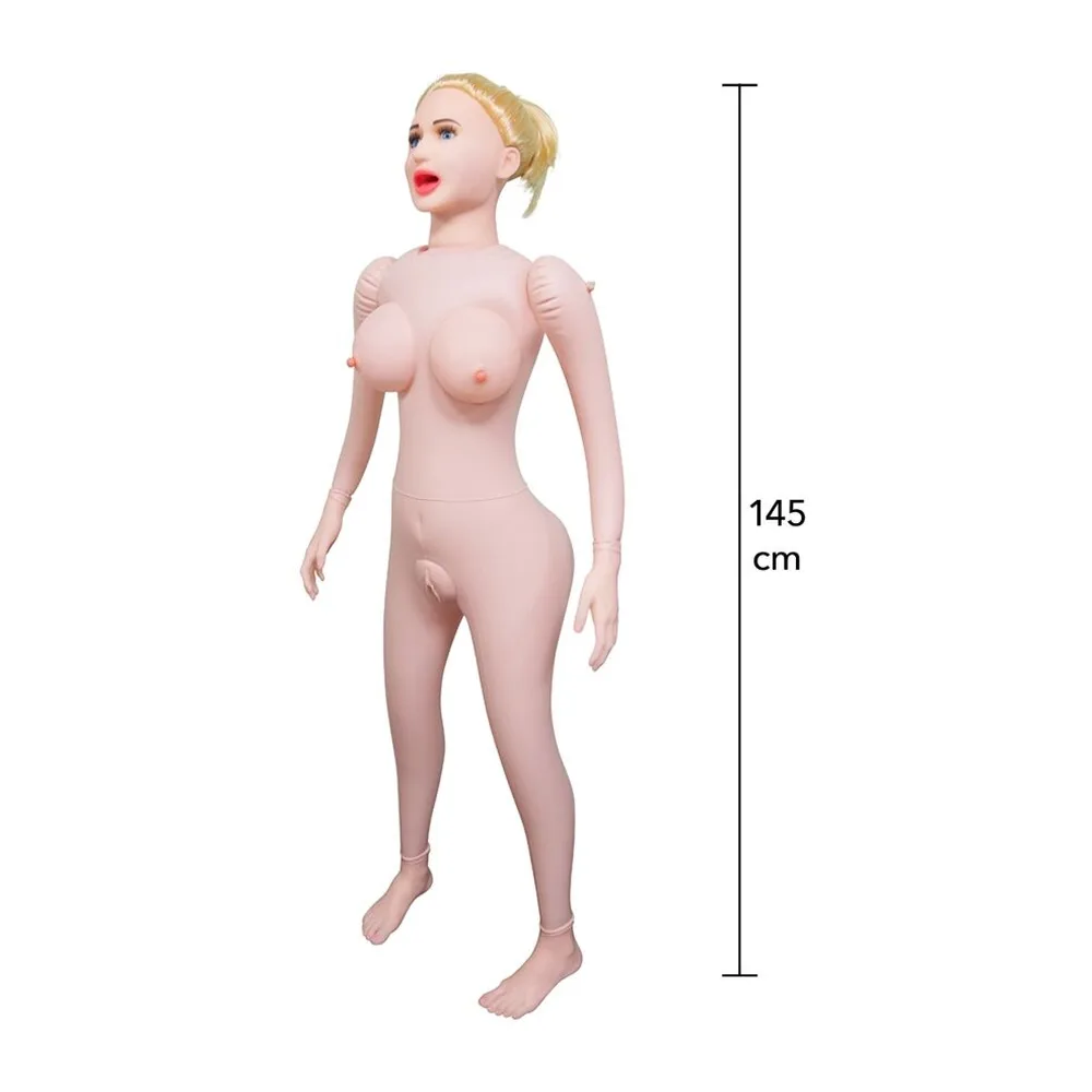 Poupée gonflable en silicone beige clair, cheveux blonds attachés, avec traits du visage maquillés, hauteur 145 cm, schéma de dimensions