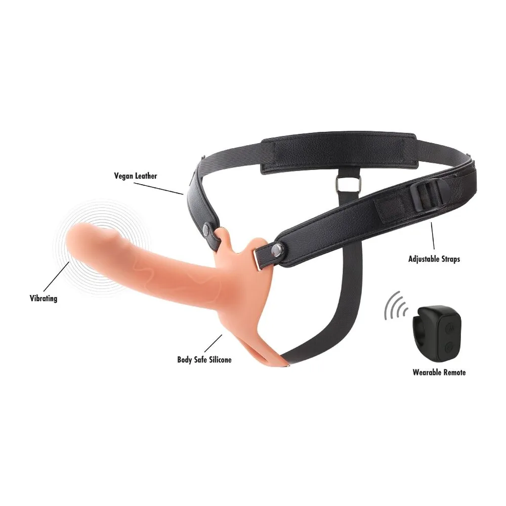 Gaine pénienne en silicone chair porée avec harnais noir ajustable et télécommande sans fil, mode vibrant illustré par schéma de pulsations